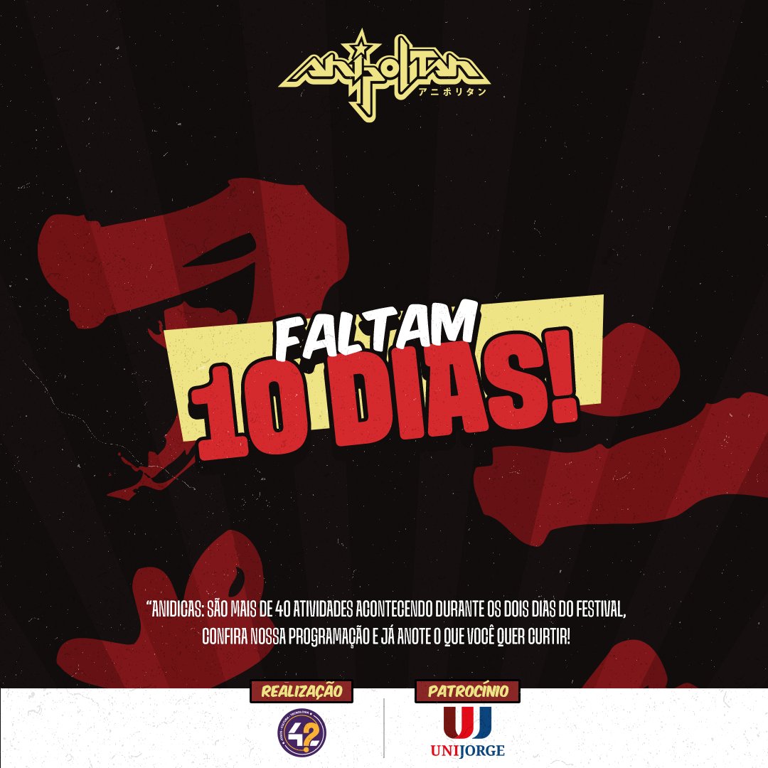 Atenção minna! Começou a contagem regressiva!  𝐅𝐀𝐋𝐓𝐀𝐌 𝟏𝟎 𝐃𝐈𝐀𝐒 para o Anipólitan 2023! 

Anidicas: São mais de 40 atividades acontecendo durante os dois dias do festival, confira nossa programação e já anote o que você quer curtir!

#️⃣ anipolitan.com.br