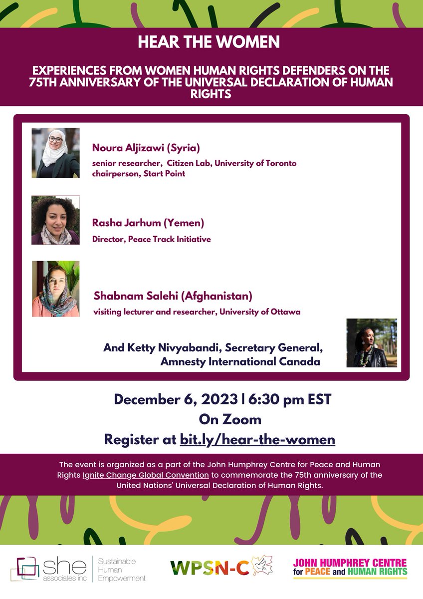 Join us today (Wednesday, December 6th) for 'Hear the Women: Experiences from #WHRDs on the 75th anniversary of the UDHR' with @nouraaljizawi @RashaJarhum @shabnam_salehi @kettynivyabandi @AmnestyNow @sheAssociates Register at bit.ly/hear-the-women