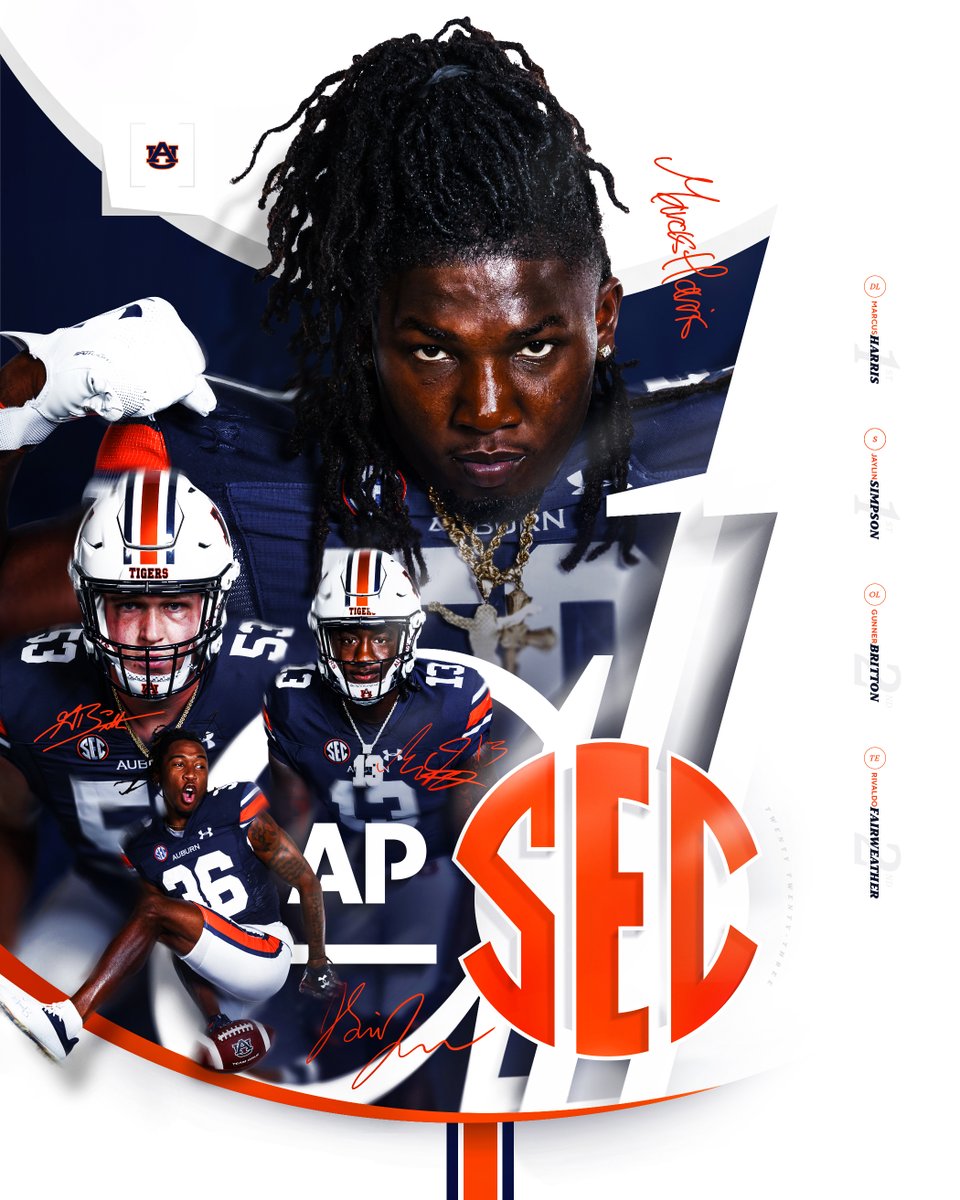 The 2023 @AP All-SEC Team 📈 1️⃣ @li_marcus15 · @jaylinsimp 2️⃣ @GunnerB75 · @rivaldo_f13 #WarEagle🦅