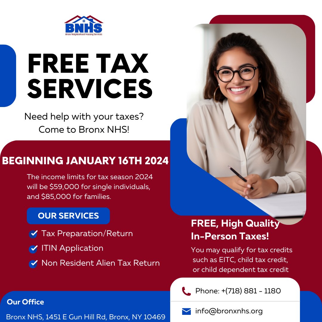 Get Ready for Tax Season! 💸📊 BronxNHS is here to help with FREE tax services. Maximize your returns with our expert assistance! #TaxSeason #BronxNHS #FreeTaxServices