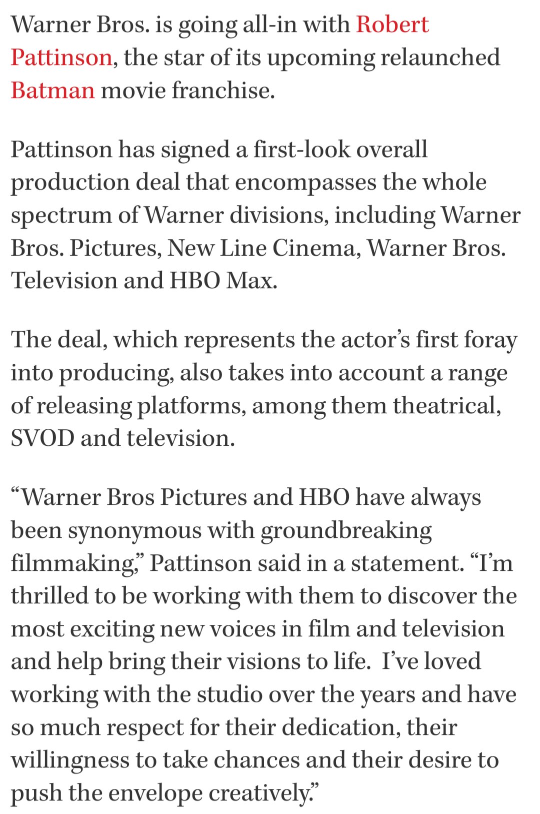 Robert Pattinson x Warner Bros. First-Look Deal