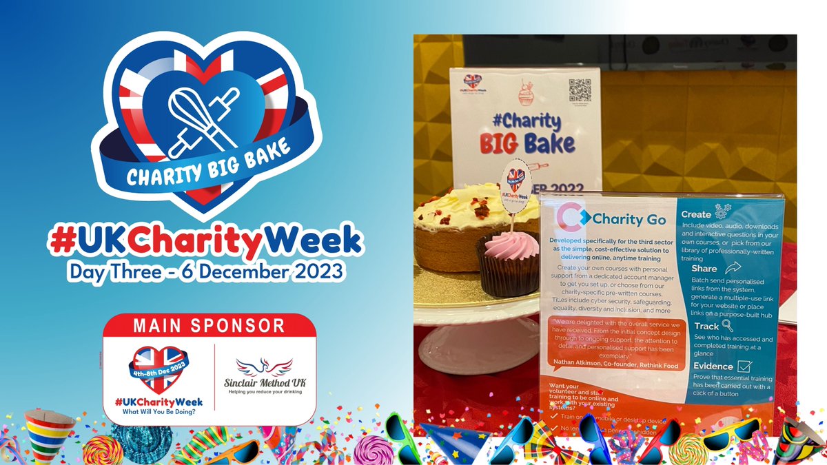 🍰✨ Let's turn up the heat this evening! 🔥 It's Day 3 of #UKCharityWeek and it's #CharityBIGBake🧁 day! 🍪🧁 Host a virtual or in-person bake-off, share your creations, and encourage donations for a sweet cause! 🤝🎂 Tag us and use #CharityBIGBake🧁 to spread the baking joy! 🌟