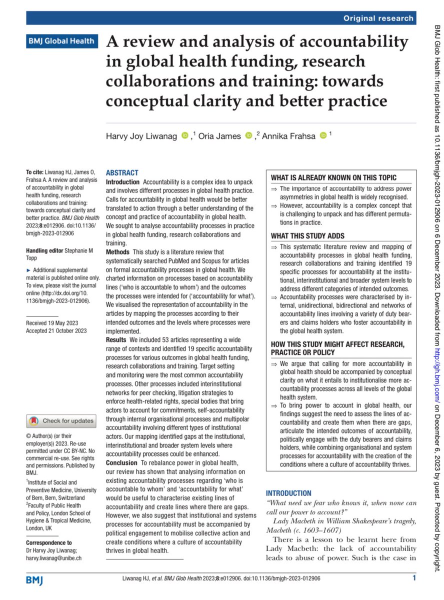 Harvy Joy Liwanag (@harvylight) on Twitter photo How does #Accountability in #GlobalHealth look like? Our article in <a href="/GlobalHealthBMJ/">BMJ Global Health</a> w/ <a href="/OriaJames1/">Oria James</a> <a href="/AnnikaFrahsa/">AnnikaFrahsa</a> interrogates accountability processes in GH & suggests a need to assess the lines of accountability and create them when there are gaps. READ: dx.doi.org/10.1136/bmjgh-… How does #Accountability in #GlobalHealth look like? Our article in <a href="/GlobalHealthBMJ/">BMJ Global Health</a> w/ <a href="/OriaJames1/">Oria James</a> <a href="/AnnikaFrahsa/">AnnikaFrahsa</a> interrogates accountability processes in GH & suggests a need to assess the lines of accountability and create them when there are gaps. READ: dx.doi.org/10.1136/bmjgh-…