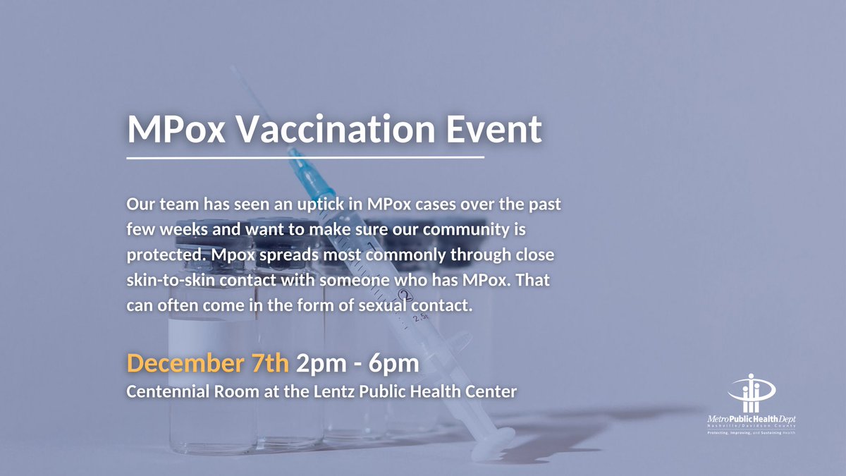 Our community has seen an uptick in MPox cases recently, and we’re taking action to protect you. MPox spreads through close contact, often via sexual contact. Stop by tomorrow for your MPox vaccine! 🗓️ Tommorow, Dec. 7th 2pm - 6pm 📍 Lentz Public Health Center