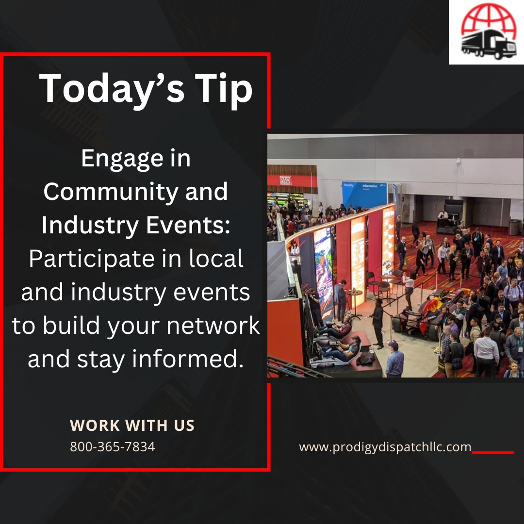 ProDispatch_'s tweet image. Today's tip: Engage in Community &amp;amp; Industry Events #industry #network #prodigydispatch