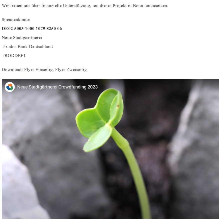 Neue Stadtgärtnerei Bonn (@nsg_bonn) on Twitter photo Schenkungen🎁Wir suchen Geschenke.
Ihr kennt Menschen, Institutionen oder Unternehmen, die unser ehrenamtliches Engagement für ein klimafreundliches <a href="/BundesstadtBonn/">Bundesstadt Bonn</a> finanziell unterstützen möchten?
Dann macht sie auf uns aufmerksam!
Video & Details: neue-stadtgaertnerei.org/spenden/ Schenkungen🎁Wir suchen Geschenke.
Ihr kennt Menschen, Institutionen oder Unternehmen, die unser ehrenamtliches Engagement für ein klimafreundliches <a href="/BundesstadtBonn/">Bundesstadt Bonn</a> finanziell unterstützen möchten?
Dann macht sie auf uns aufmerksam!
Video & Details: neue-stadtgaertnerei.org/spenden/