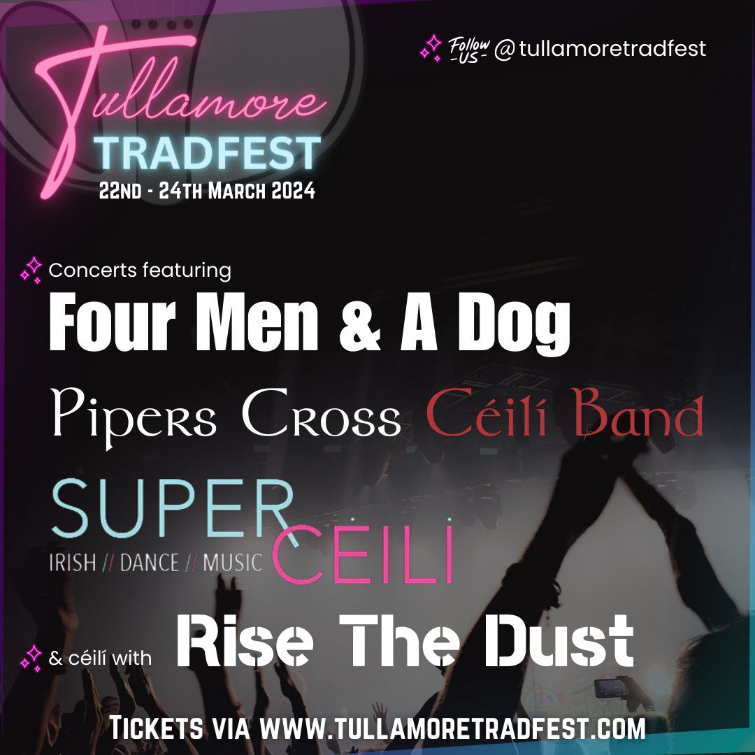 ‼️ 🔥 TTF 2024 March 22nd - 24th 🔥 ‼️ 
PLEASE SHARE and spread the word that we are looking forward to having the absolute craic next March in Tullamore! Lineup 👇🏻 Tickets available Friday! 🎫 
#yourtunes #yourtown #yourtradfest 
#moretunes #morecraic #moreactingthemaggot