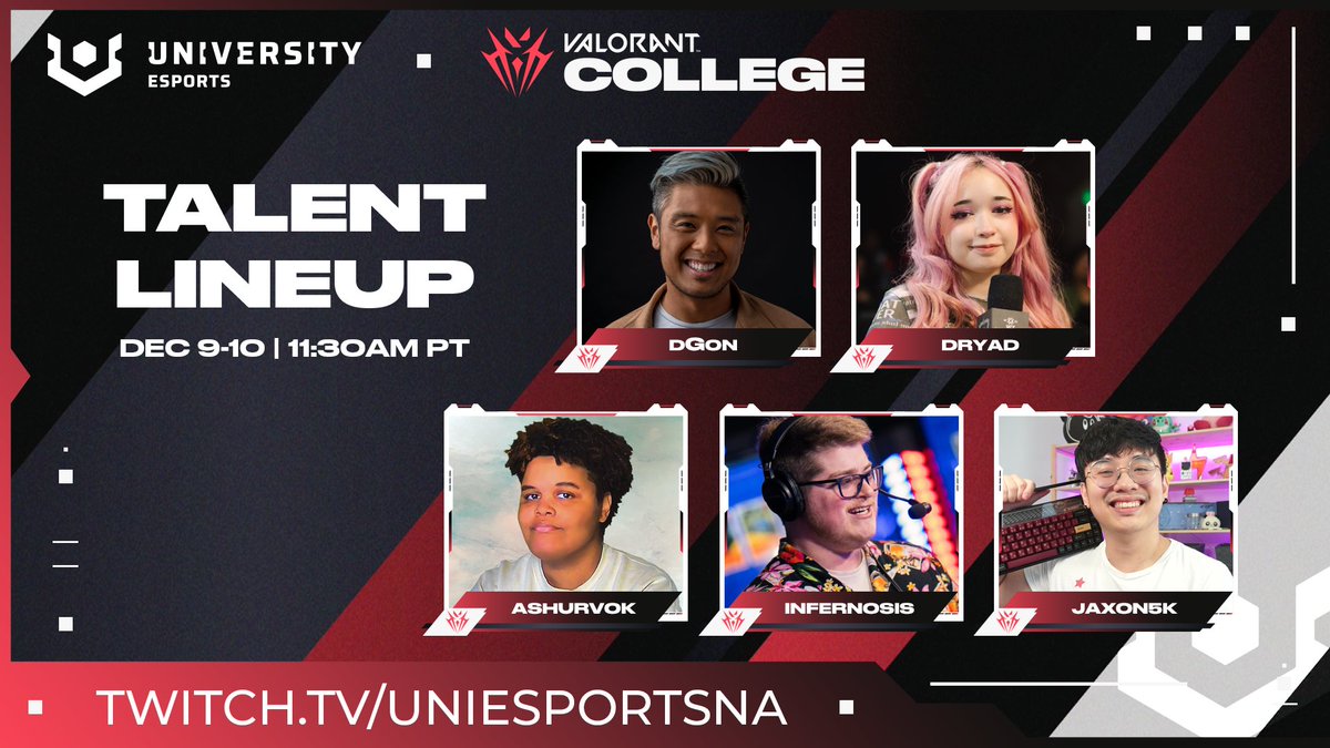 UNIVERSITY Esports NA | ExitLag (@uniesportsna) on Twitter photo Say hello and meet our star-studded talent lineup for the CVAL Fall Tournament's Grand Finals on Dec 9-10! 🎤
🔥 <a href="/dGon/">dGon</a>
🔥 <a href="/DanDryad/">Dryad</a>
🔥 <a href="/ashurvok/">Ashurvok 🔜 Chain Shift '25 ⛓️</a>
🔥 <a href="/Infernos1s/">Infernosis</a>
🔥 <a href="/Jaxon5K/">JAXON5K 🎙️✂️</a> Say hello and meet our star-studded talent lineup for the CVAL Fall Tournament's Grand Finals on Dec 9-10! 🎤
🔥 <a href="/dGon/">dGon</a>
🔥 <a href="/DanDryad/">Dryad</a>
🔥 <a href="/ashurvok/">Ashurvok 🔜 Chain Shift '25 ⛓️</a>
🔥 <a href="/Infernos1s/">Infernosis</a>
🔥 <a href="/Jaxon5K/">JAXON5K 🎙️✂️</a>