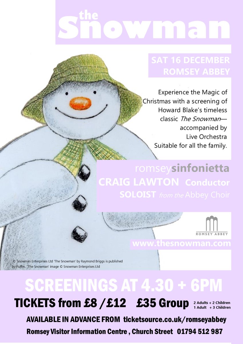 It's that time of year! Don't miss the opportunity to experience some Christmas magic with two screenings of the Snowman, with live orchestra and solo choristers. Sat 16th Dec at 4.30pm & 6pm. Tickets ticketsource.co.uk/romseyabbey &Romsey & Test Valley Visitor Information Centre