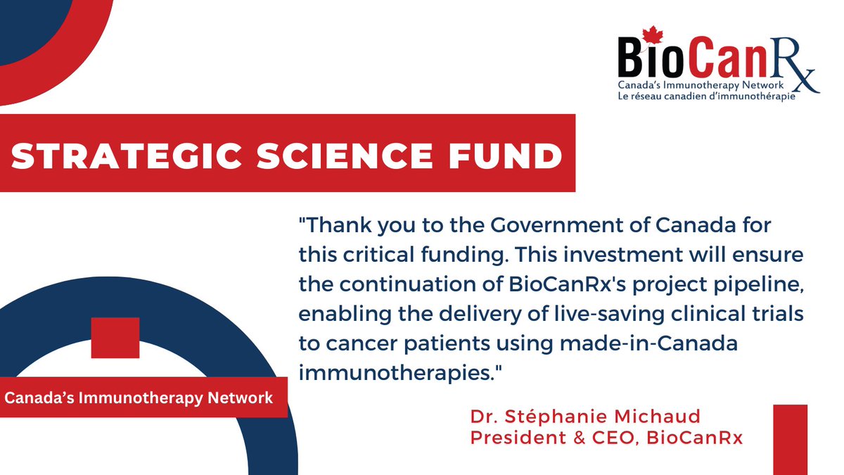 Thank you to the federal government for investing in BioCanRx under the Strategic Science Fund. This investment in Canadian #immunotherapies provides hope for patients that one day we can turn all cancers into curable diseases. Learn more about the SSF: canada.ca/en/innovation-…