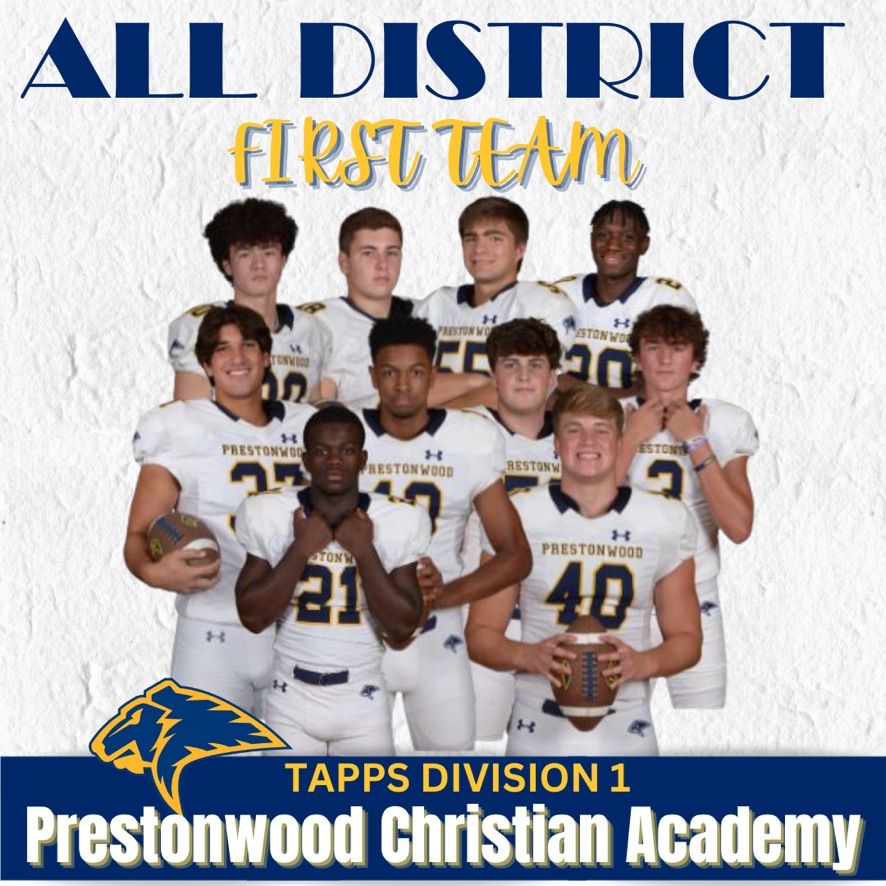 Congratulations to our Lions Football athletes who made the All-District First Team: Caiden Collins, Sean Chester, Nathan Laperi, Hudson Lunsford, David Madison, Angelo Morreale, Gunner Naivar, Colson Reeves, James Shull, and Kellen Tasby. GO LIONS! 🏈