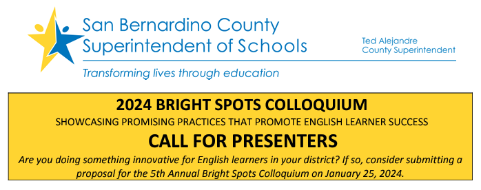 SBCSS_MultiEd's tweet photo. Calling all presenters! Share promising practices &amp; initiatives that  are leading to the social &amp; academic success of #EnglishLearners. Help build #CollectiveCapacity as we strive towards  #ContinuousImprovement at the 2024 Bright Spots Colloquium. https://t.co/HkHVTU4S81 https://t.co/0yUmgA8STY