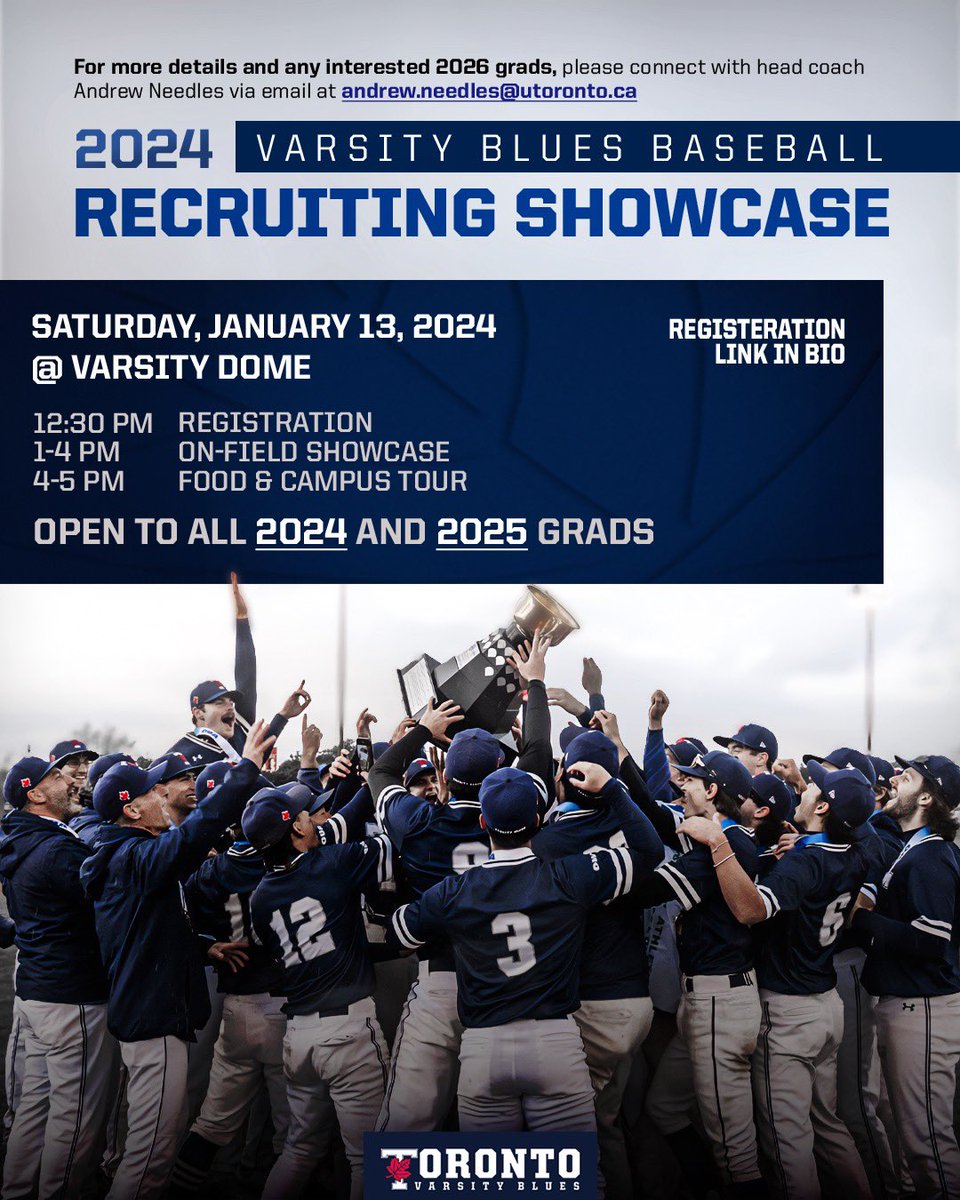UofT_Baseball's tweet image. 🏆Join the reigning OUA champions for the 2024 season🏆
Varsity Blues Baseball is excited to announce our 2024 Recruiting Showcase.
Open to ALL 2024 & 2025 graduates
Visit the link to register!
recreation.utoronto.ca/Program/GetPro…
WE ALL #BLEEDBLUE | #WeAreTO