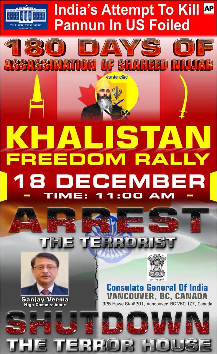 180 days of assassination of Shaheed #HardeepSinghNijjar 
#Khalistan freedom rally Dec 18.
Arrest the Terr0rist Sanjay Kumar Verma.
 Shutdown the terr0r house 
#Indian mission in #Vancouver