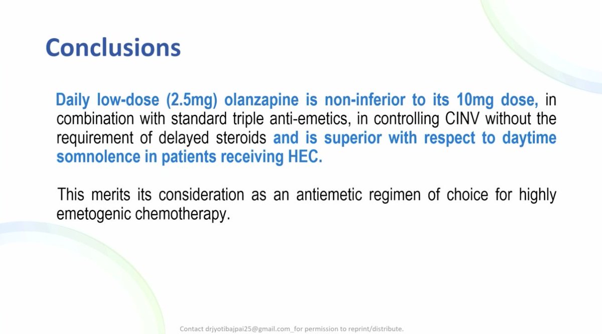 Important supportive care data Low-dose olanzapine 2.5 mg non-inferior to 10 mg with triple antiemetic therapy for prevention of CINV in highly-emetogenic chemo. Single-dose steroids. Manuscript to follow in Lancet Oncology. @JyotiBajpai01 @TataMemorial #SABCS23 #bcsm