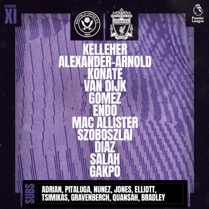 Liverpool V Sheffield United
Kickoff in 20 minutes!
Im predicting a 4-1 win would you agree?

Very excited to get to see Endo start and MacAlister finally play as a 8 hes about to cook!
Goal Scorers. 
MacAlister.
Diaz.
Gakpo.
Salah bags his 200t.
Nunez.