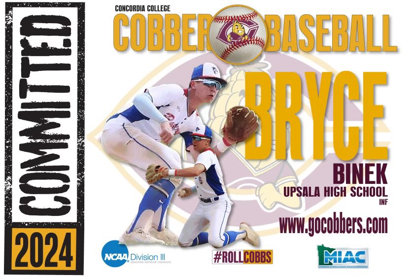 I’m proud to announce my commitment to continue my baseball career and further my academics at Concordia Moorhead! I want to thank my coaches, family, friends, and teammates for all of their support. <a href="/CobberBaseball/">Concordia Baseball</a> #rollcobs #cobberup