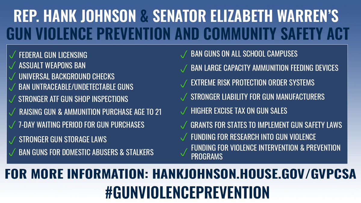 100 Americans die from gun violence every day. It’s long past time for Congress to treat gun violence like the public health crisis that it is. That’s why I am proud to co-sponsor @RepHankJohnson and @SenWarren’s bold #GunViolencePreventionBill. The time to act is NOW.