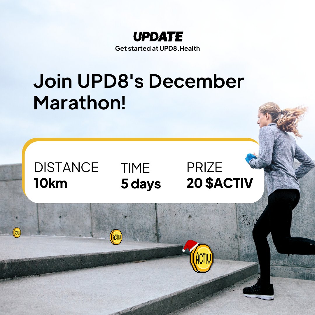 Join UPD8's December Marathon! Lace-up your sneakers and join now! Complete 10 km in 5 days to win a thrilling reward of 20 $ACTIV! 
app.update.dhealth.com

#fitnesschallenge #burntoearn