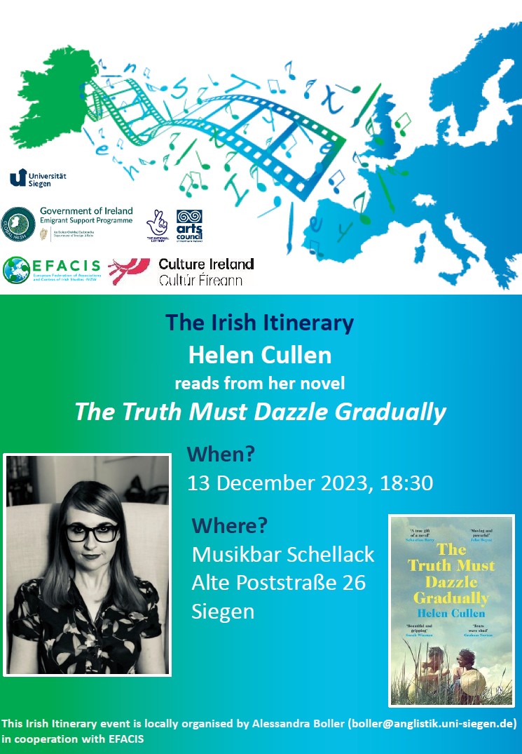 We're excited to welcome <a href="/wordsofhelen/">Helen Cullen</a> here <a href="/UniSiegen/">Universität Siegen</a> next week. She will offer a creative writing workshop at uni and a reading from her latest novel at Musikbar Schellack. You don't want to miss this! See the poster for details! RSVP here: facebook.com/events/1043861…