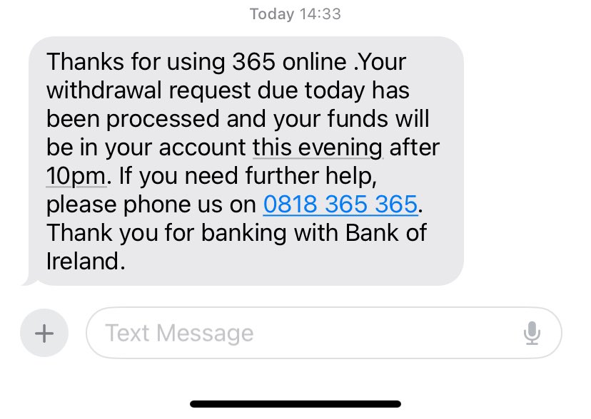 Requested a transfer of cash from my BoI Savings Account yesterday to my BoI Current Account. Received this update today. I’ll have the money tomorrow. Meanwhile in the Revolut world my money is transferred in a few seconds. Can’t understand how bad Bank IT is despite €B’s