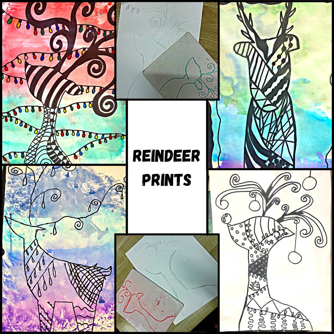 My favourite Christmas art! 🦌

Materials: White card, pencil, black markers, tinfoil, water-based markers, spray bottle

Duration: 3-4 lessons