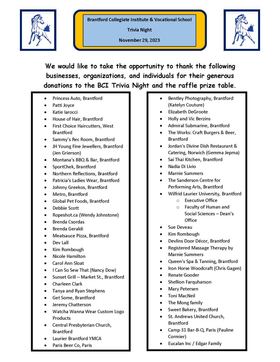 BCI Mustangs (@bcivs) on Twitter photo TRIVIA NIGHT: huge success - 37 teams competed!! THANKS to donors for their generosity that made it a major success for BCI! Check out the list of businesses & individuals that kindly donated 55 great prizes. Congrats to winning team: The Number Ninjas :) <a href="/GEDSB/">Grand Erie District School Board</a> <a href="/TheExpositor/">Brantford Expositor</a> TRIVIA NIGHT: huge success - 37 teams competed!! THANKS to donors for their generosity that made it a major success for BCI! Check out the list of businesses & individuals that kindly donated 55 great prizes. Congrats to winning team: The Number Ninjas :) <a href="/GEDSB/">Grand Erie District School Board</a> <a href="/TheExpositor/">Brantford Expositor</a>