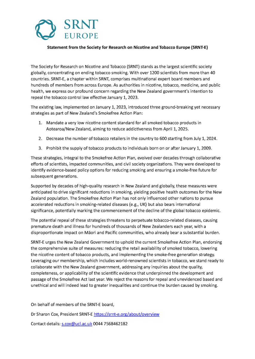 As authorities in nicotine, tobacco, medicine, and public health, we, #SRNT-E, express our profound concern regarding the #NewZealand government's intention to repeal the #tobacco control law effective January 1, 2023. @EquitySRNT @o_srnt @AdolescentSRNT @GlobalSRNT @PolicySRNT