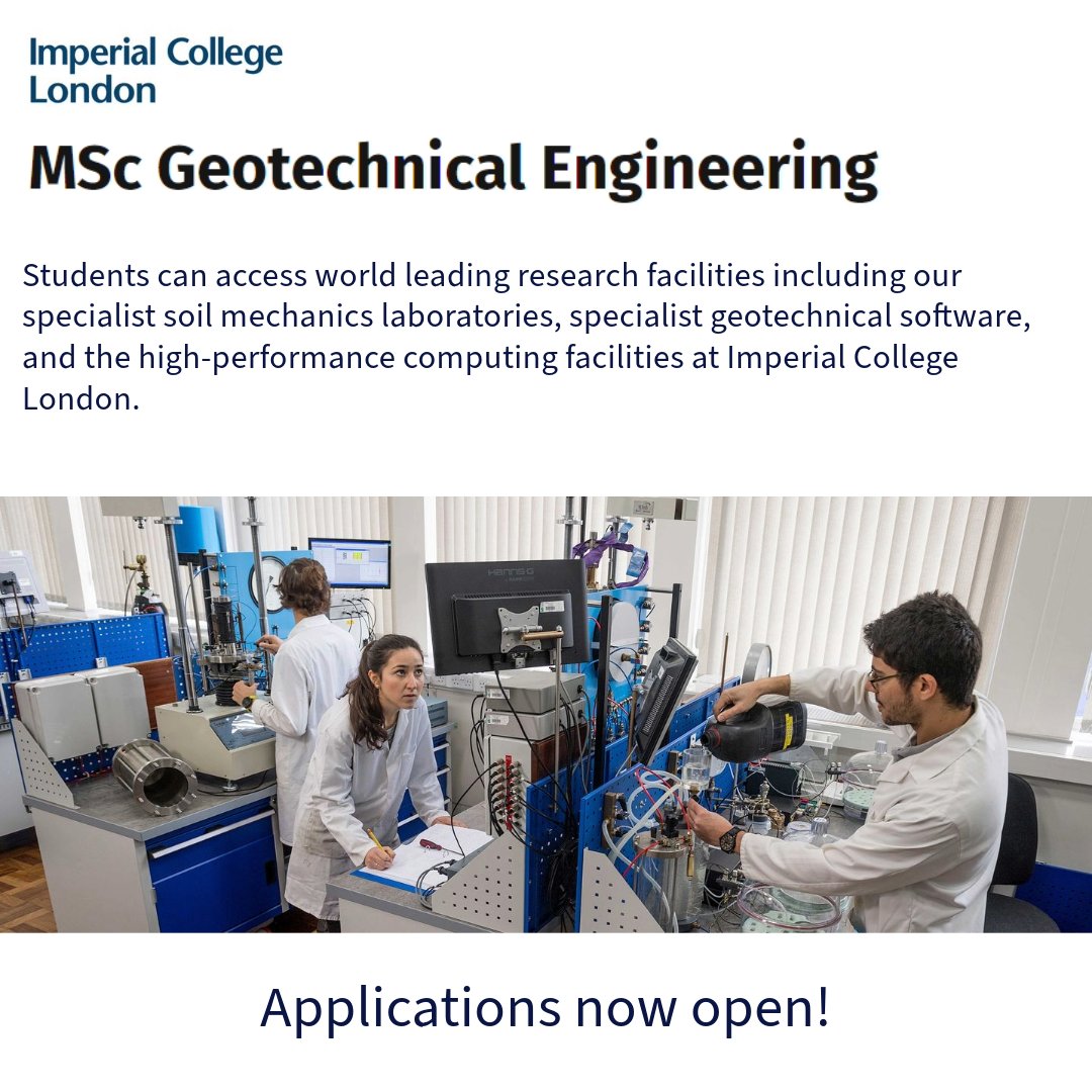 Our MSc offers world leading research facilities and specialist software. Applications are now open: lnkd.in/esayFcUx

#geotechnicalengineering #MSc #masters #imperialcollegelondon #soilmechanics #geotechnics