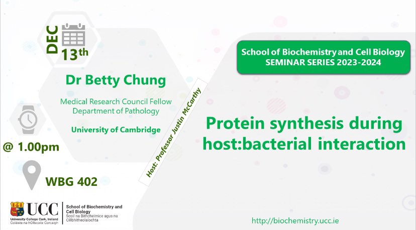 We @bioucc are delighted to host Dr Betty Chung, University of Cambridge & to hear of her work on Protein synthesis during host:bacterial interactions. Happening next Wednes Dec 13th at 1pm, WGB 402. Everyone Welcome!