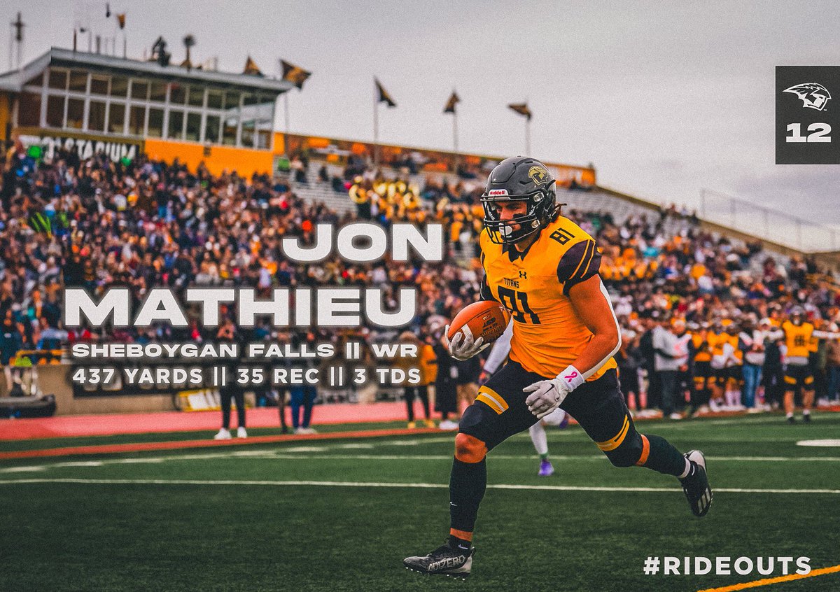 Rideout Wednesday feat. 𝗝𝗼𝗻 𝗠𝗮𝘁𝗵𝗶𝗲𝘂!

#81 is a ball player with 4.0 tendencies 📚 Stat-wise, against <a href="/wiacsports/">WIAC</a> competition, Jon was Top 12 in catches and yards!

Being able to hang clean and split jerk +350 lbs with a 3.97 pro agility doesn't hurt either! 

#TitanUp