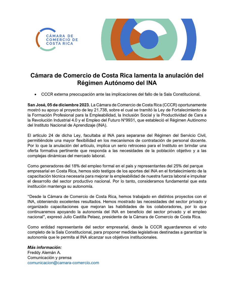 Desde la Cámara de Comercio de Costa Rica lamentamos la anulación del Régimen Autónomo del Instituto Nacional de Aprendizaje (INA) y  deseamos externar nuestra preocupación ante las implicaciones del fallo de la Sala Constitucional.