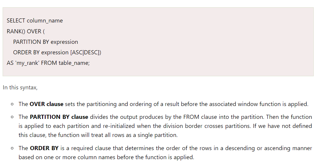 Sachintukumar's tweet photo. 1⃣ RANK() Function
The #RANKfunction assigns a unique rank to each distinct row within a partition based on the #ORDERBY clause
Rows with same values get same rank, & next rank is skipped. If two rows have same values & get rank 1, next row will be assigned rank 3 https://t.co/nmNAvONla4