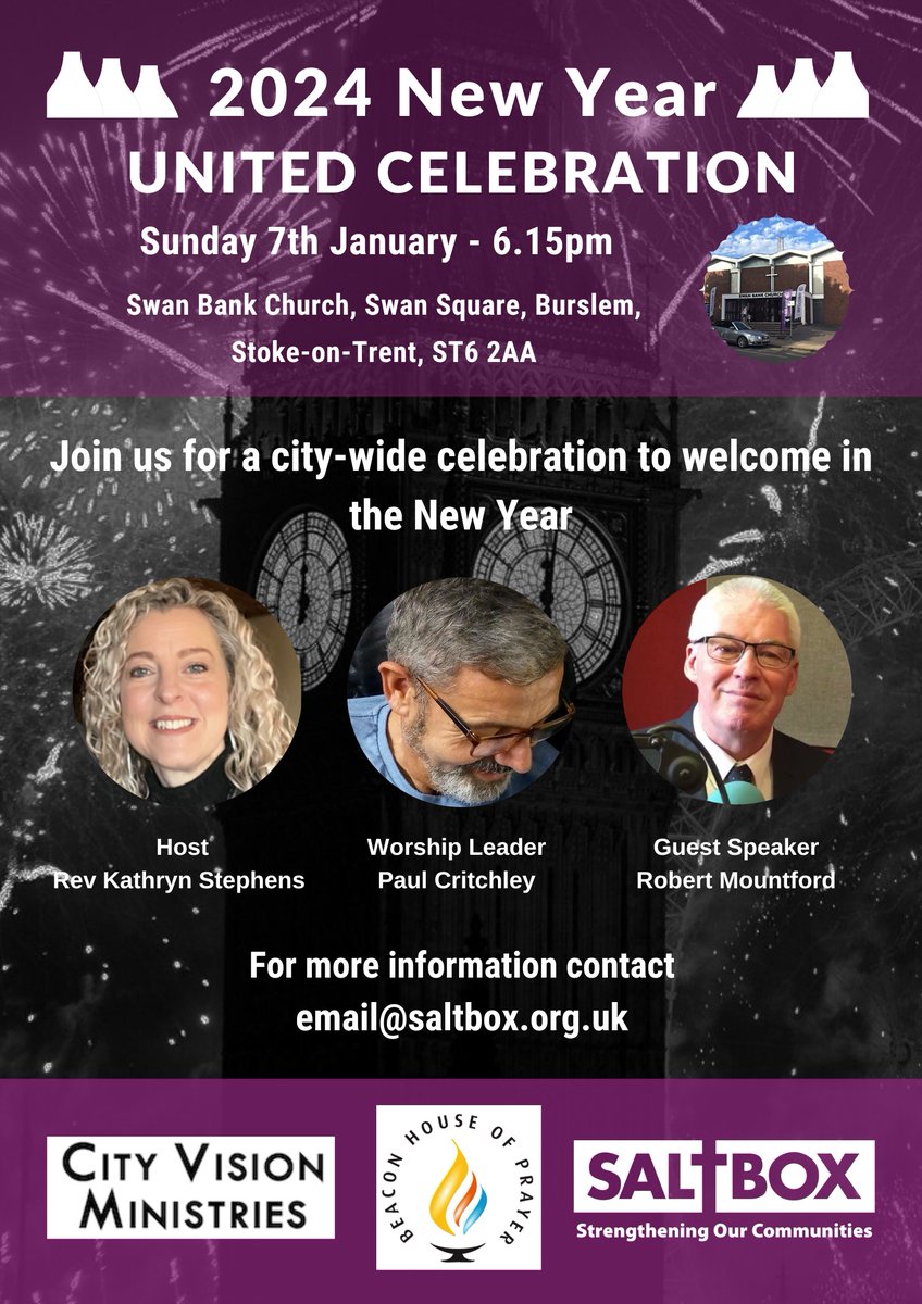 EVENTS | Join us for a city-wide celebration to welcome in the New Year, taking place at Swan Bank Church in Burslem on Sunday 7th January (6.15pm) 😀