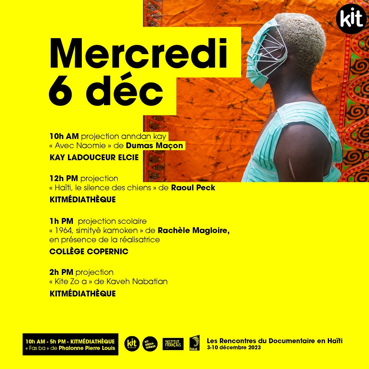 ⚠️⚠️ ⚠️ Petite modification pour ce mercredi 6 déc !!!
Le film "Haiti, le silence des chiens" de Raoul Peck sera projeté à Kitmédiathèque à midi et non à l'IFH. 
Une journée encore bien chargée.
On vous attend!  
#RDD2023 #RDD5ANS
<a href="/IFHpap/">IF Haiti</a> <a href="/FOKAL_Ayiti/">FOKAL</a>