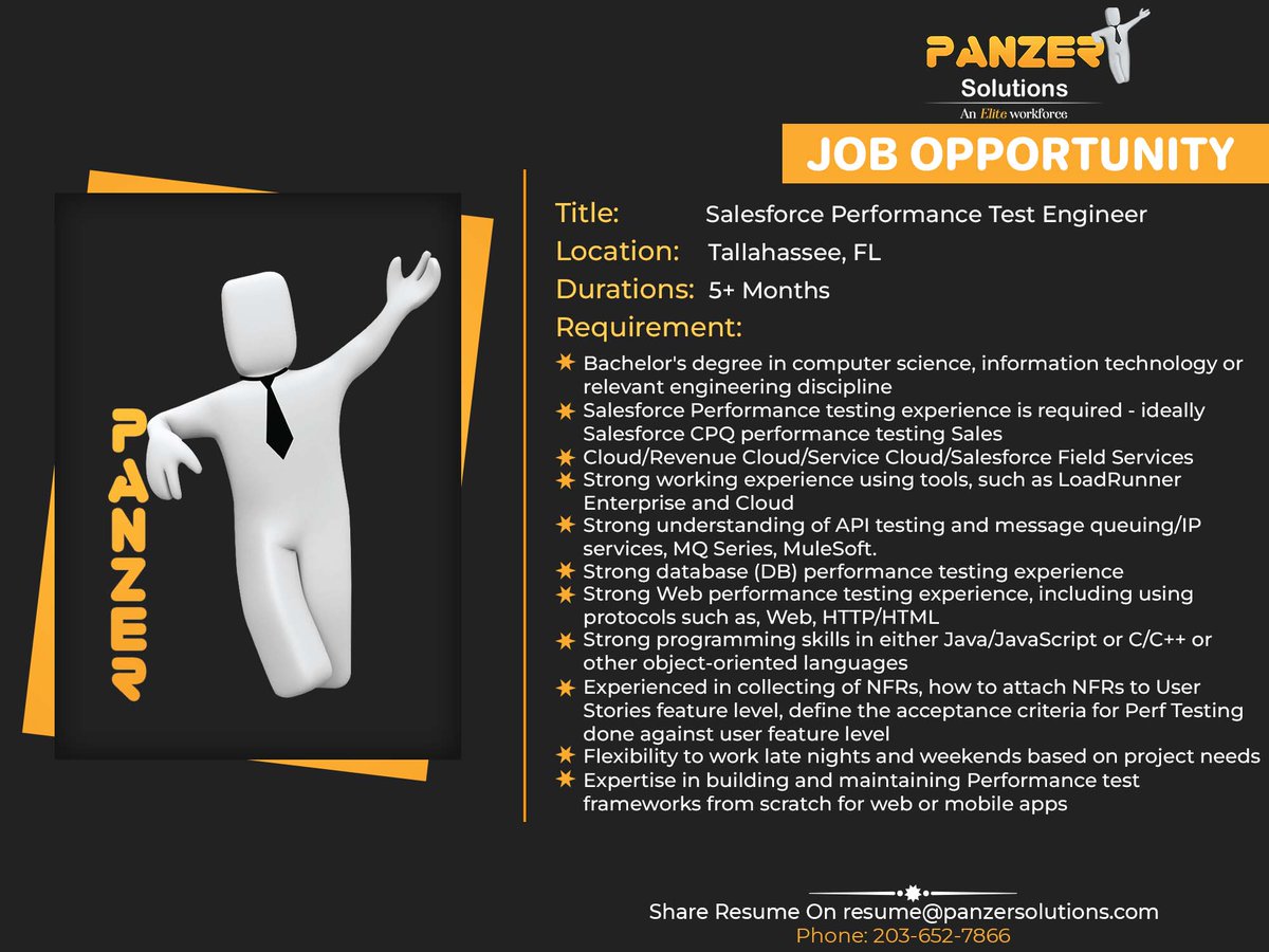 panzersolution's tweet image. Job Title: Salesforce Performance Test Engineer
Location: Tallahassee, FL
Duration: 5+ Months
Share resumes at resume@panzersolutions.com
Or for more job requirements, click on the below link
Click Here: panzersolutions.com/jobopportunuti…
#salesforceperformance #testengineer #job #florida