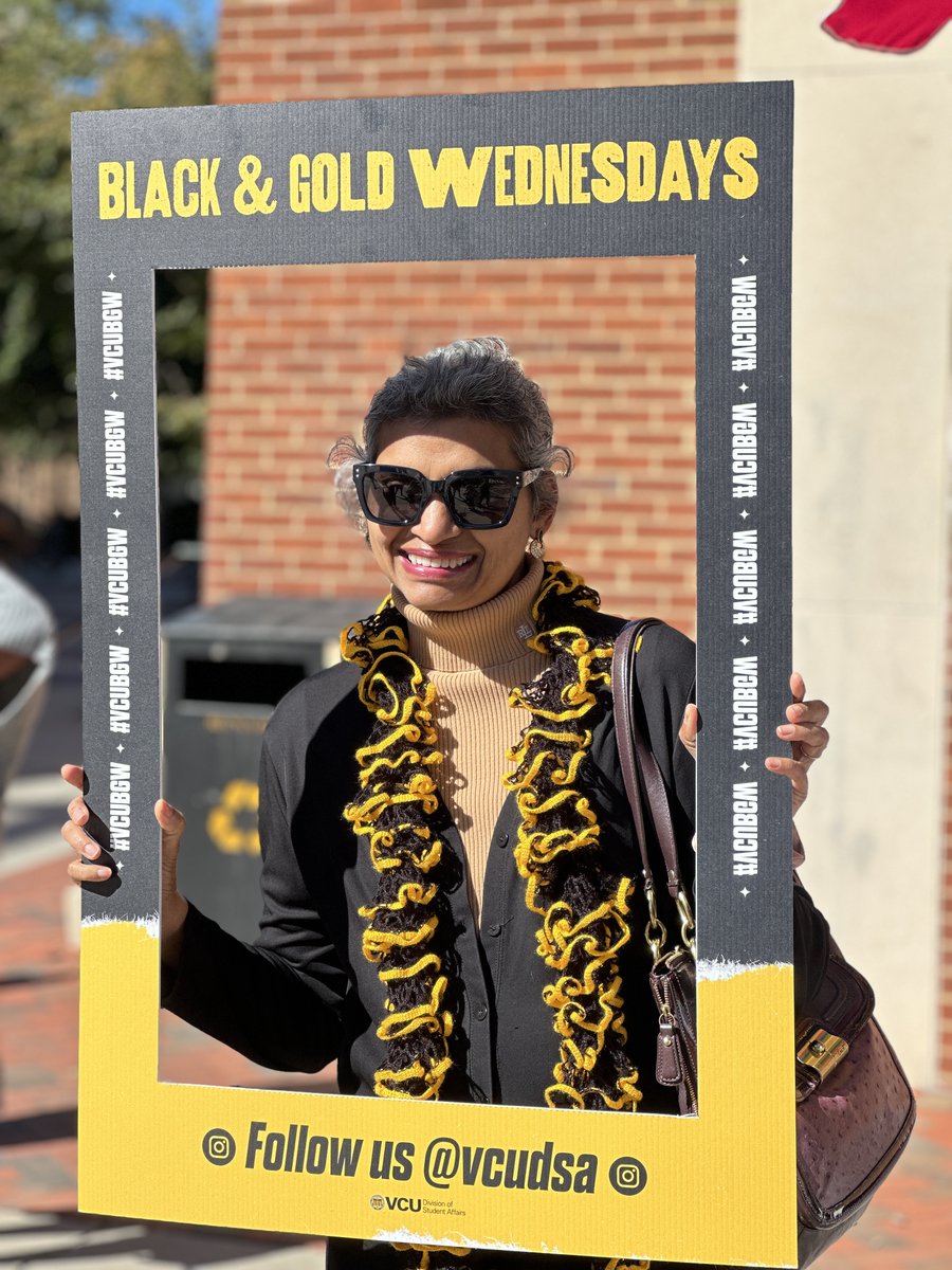 VCUpresident's tweet photo. It's one of the last @VCU Black & Gold Wednesdays of the semester! Thank you for joining us in the black & gold spirit all year long. Let's make today one of the best ones yet. #VCUBGW https://t.co/amlZhM4y9s
