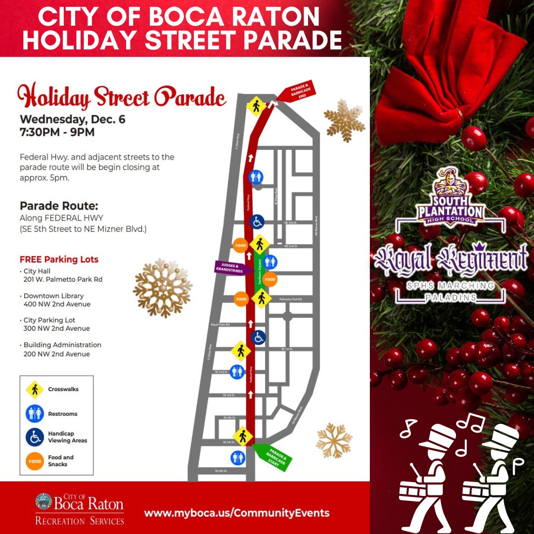 SPHSBandBooster's tweet photo. The SPHS Royal Regiment will be participating in the City of Boca Raton Holiday Street Parade today! Come out to support and have a great time! 🎄🎅🏾 #sphsroyalregiment #marchingband #marchingpaladins #southplantationhigh #colorguard #bandlife https://t.co/tboSVKOplI