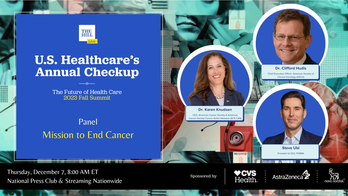 Join our CEO @CliffordHudis w/ co-panelists @AmerCancerCEO & @steveubl to discuss the best promises and biggest challenges in U.S. cancer care during @TheHill's 'U.S. Healthcare’s Annual Checkup' event tomorrow, 12/7. Register: brnw.ch/21wF4Qp @TheHillEvents