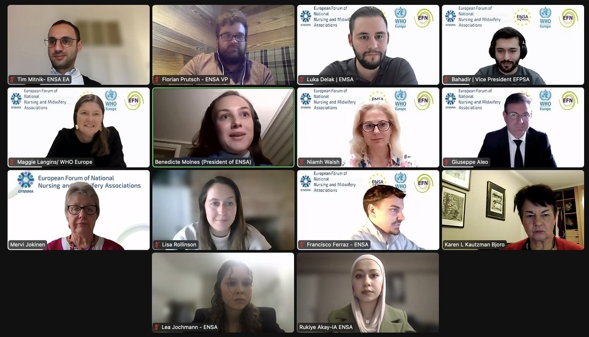 Really fantastic to see @EFPSA @emsa_europe @EPSA_Online join @ensa_nursing webinar organized with @efnnma @EFNBrussels @WHO_Europe in a discussion about the experiences of nursing, midwifery, pharmacy, psychology and medical student experiences! @maggedyann @EUMidwives .