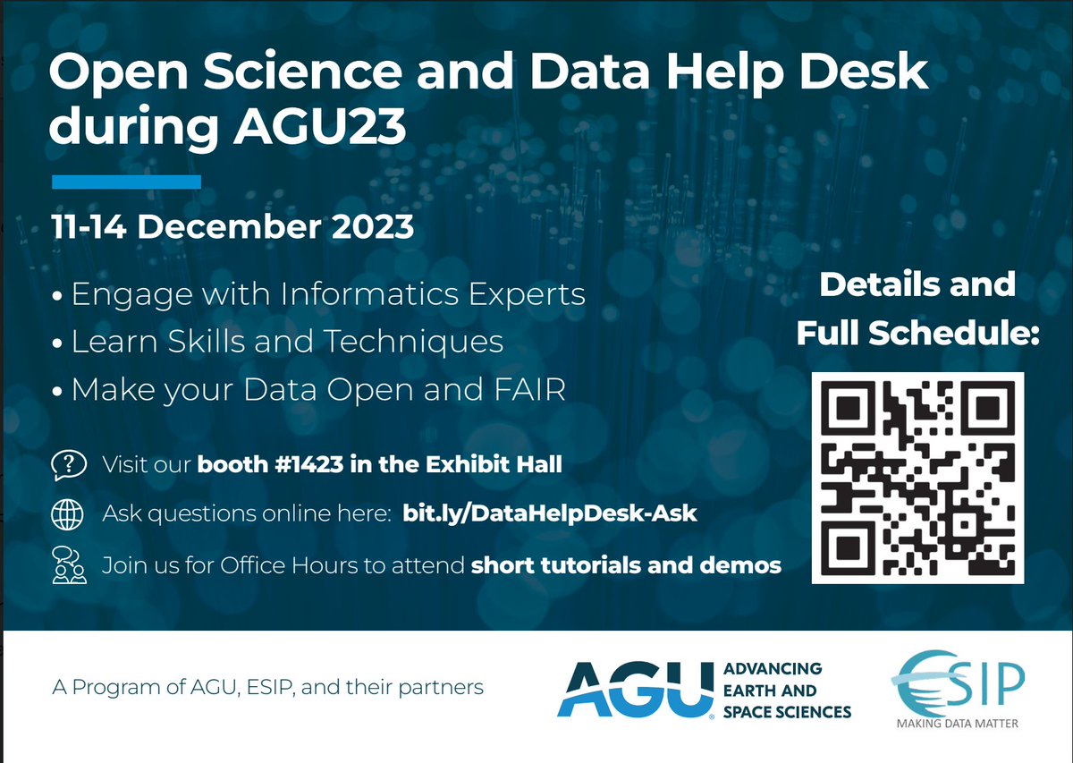 Ask the #DataHelpDesk about data management plans. We're here to help! 

Join us at exhibit hall booth #1423 or ask your question online at bit.ly/DataHelpDesk-A… during #AGU23