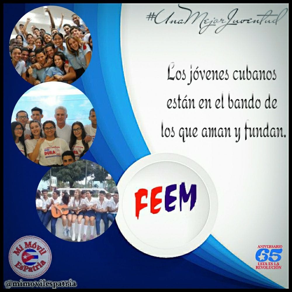 ¡La FEEM está hoy de aniversario!!
5⃣3⃣años siendo entusiasta y emprendedora. Potenciando el estudio y la defensa de la Patria, como principal deber.
🇨🇺 Los jóvenes cubanos, cantera de la REVOLUCIÓN.
¡¡Muchas Felicidades!!
.
#UnaMejorJuventud
#Cuba