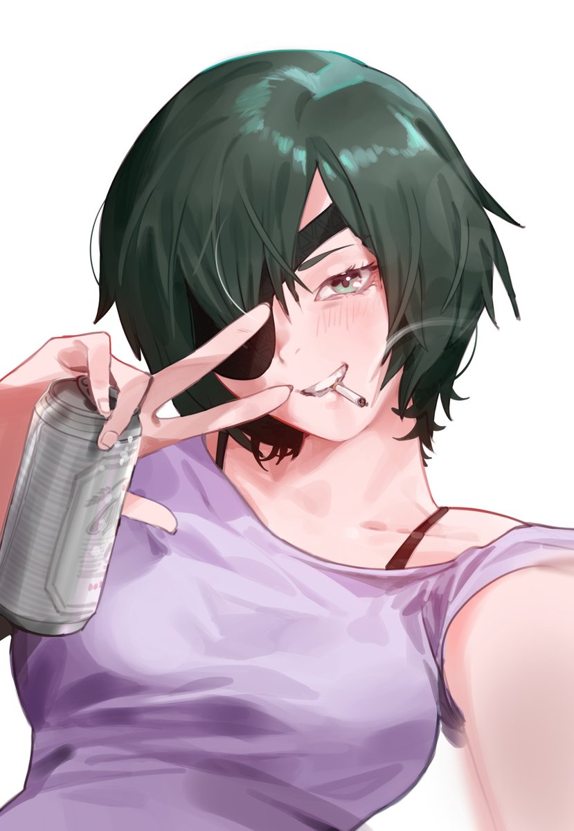 himeno (chainsaw man) 1girl eyepatch cigarette can beer can solo smoking  illustration images