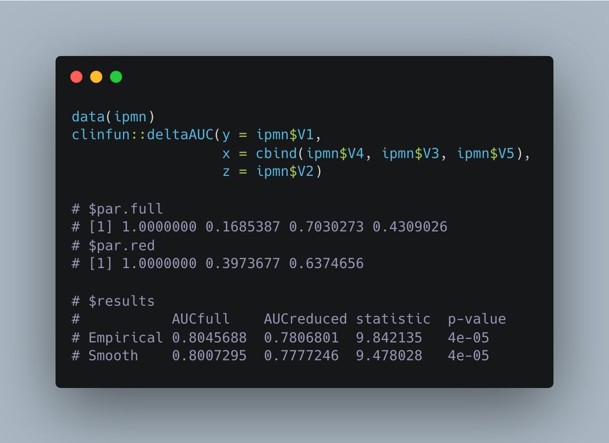 Memorial Sloan Kettering Biostatistics Service (@mskbiostats) on Twitter photo {clinfun} also has many functions for #rstats data analysis.
This example of `deltaAUC()` compares AUCs from nested models. Here we test adding weight loss (V2) to an existing risk model:
<a href="/VeSeshan/">Venkat Seshan</a> <a href="/ChayaSMoskowitz/">Chaya Moskowitz</a> <a href="/gonen_mithat/">Mithat Gönen</a> Glenn Heller #AcademicTwitter #DataScience {clinfun} also has many functions for #rstats data analysis.
This example of `deltaAUC()` compares AUCs from nested models. Here we test adding weight loss (V2) to an existing risk model:
<a href="/VeSeshan/">Venkat Seshan</a> <a href="/ChayaSMoskowitz/">Chaya Moskowitz</a> <a href="/gonen_mithat/">Mithat Gönen</a> Glenn Heller #AcademicTwitter #DataScience
