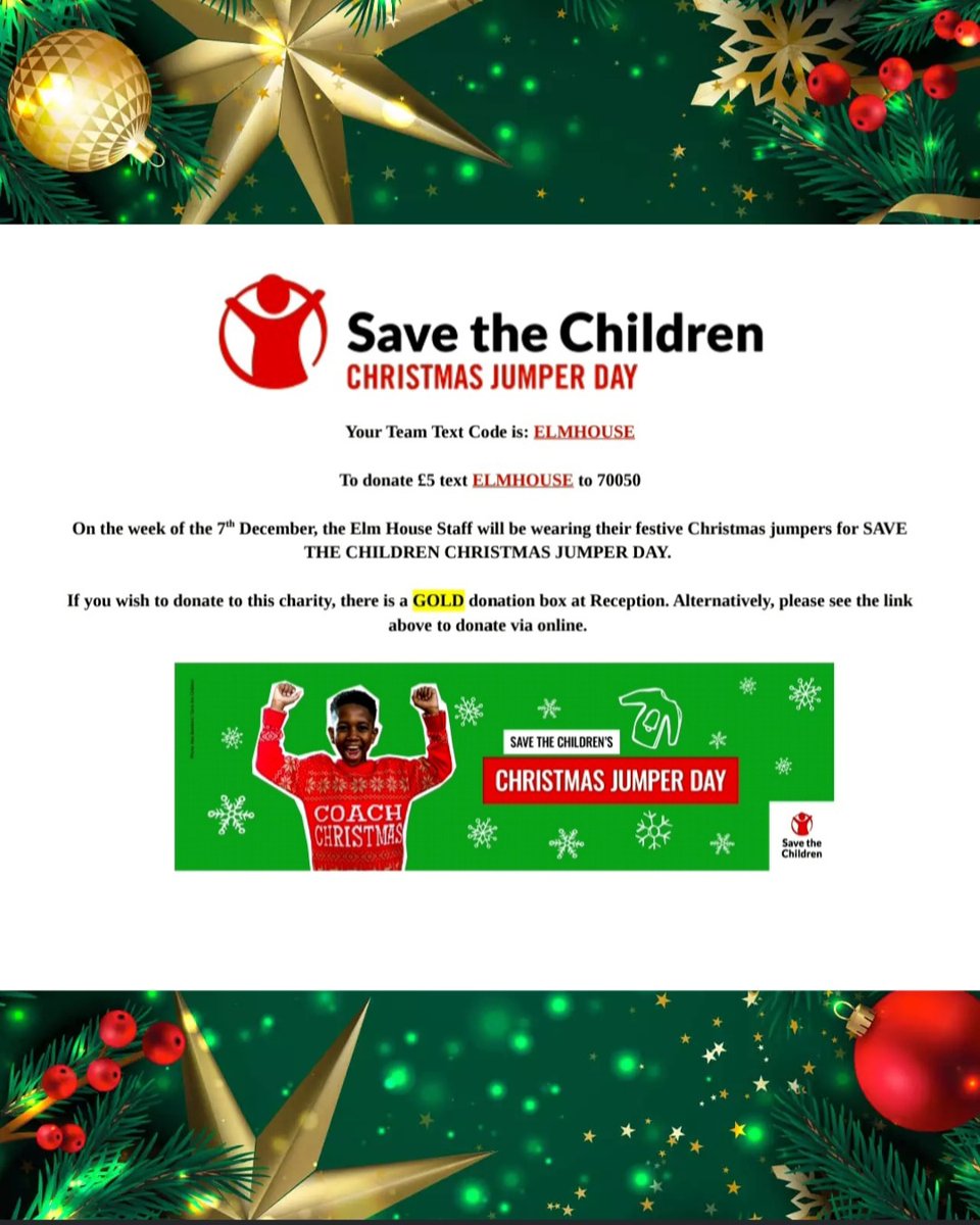 ElmHouseVets's tweet photo. At Elm House, we are doing a charitable Christmas jumper Week! (or weeks😉) By wearing our jumpers, we hope to raise money for 'Save the Children.' So, if you want to donate to the cause, please see the link below.

https://t.co/TWPSpzcO5y https://t.co/BfGNCMyfO3