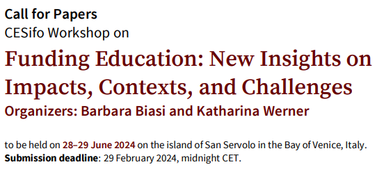 📢 Call for papers: Venice Summer Institute 2024 - Funding Education: New Insights on Impacts, Contexts, and Challenges, 28/29 June in Venice.
Keynotes by @dynarski and @peterbergman_
Scientific Organizer: @BarbaraBiasi and Katharina Werner
👉🏼