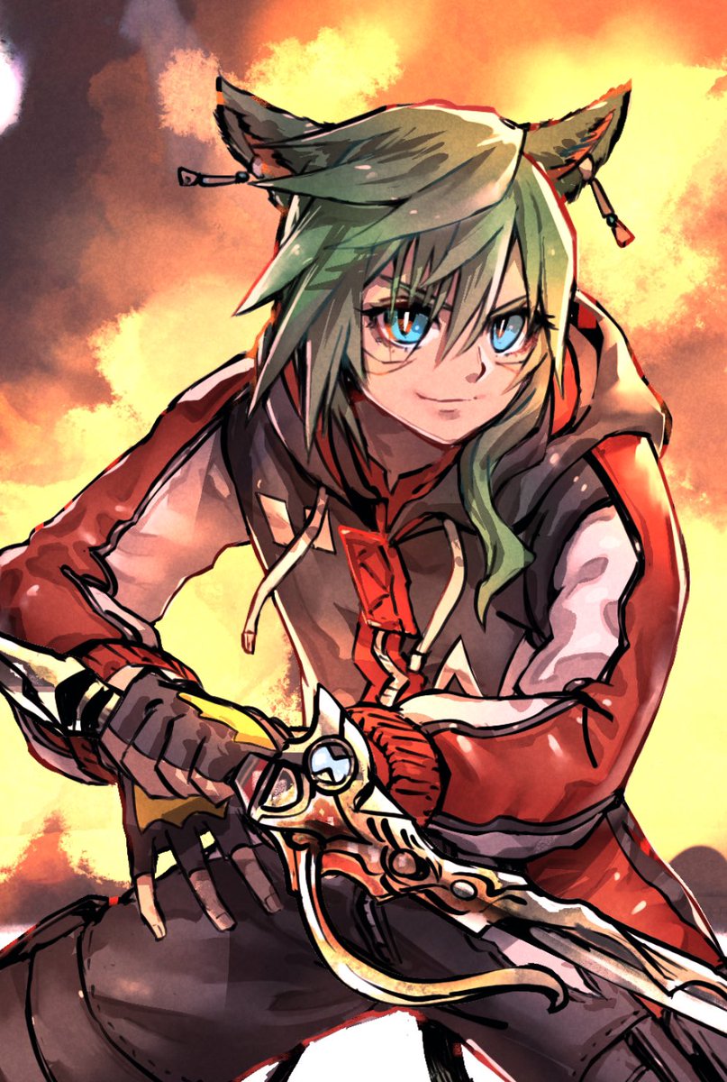 warrior of light (ff14) weapon tail miqo'te animal ears explosion green hair cat ears  illustration images