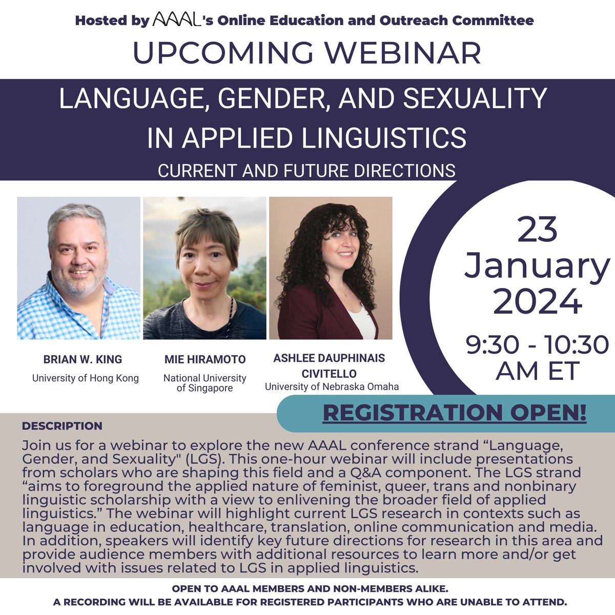 Join us to explore the new AAAL conference strand 'Language, Gender, and Sexuality' (LGS) on January 23 @ 9:30am ET. Get insights from leading scholars, engage in a Q&A, and discover the applied nature of LGS in education, healthcare, and more. Register: aaal.org/events/aaal-we…