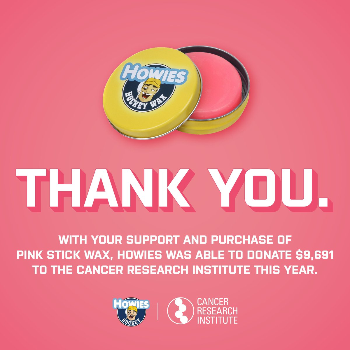Thank you to everyone who purchased our pink wax, and helped make this donation possible! With all your help, we were able to donate almost $10k to The Cancer Research Institute. Thank you Howies family 💗 #StickWithTheBest