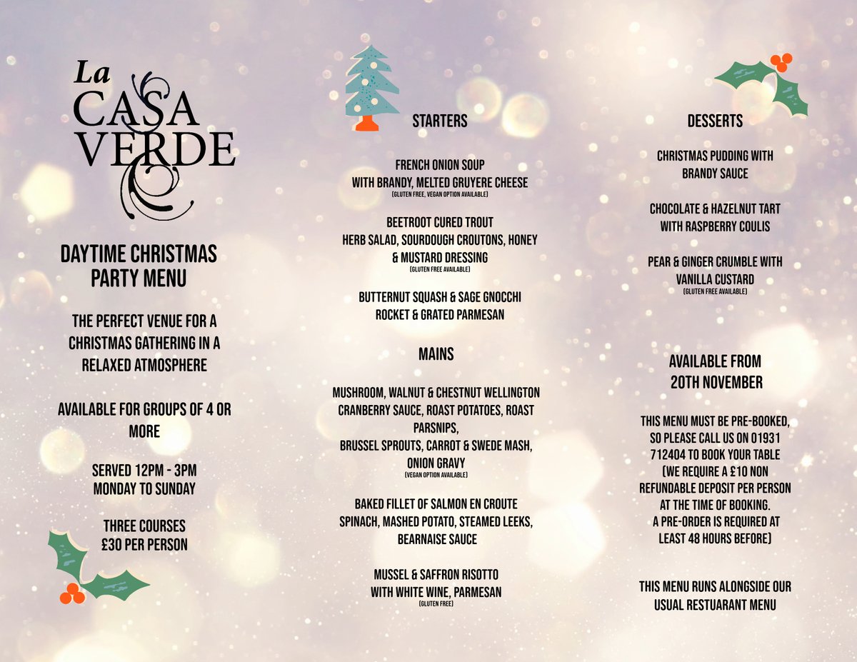 Christmas Party Menu for groups of 4 or more and only £30 for 3 courses. The perfect venue for a lunchtime gathering during December. Booking is essential so call us now to book your table 01931 712404 #christmasparty #christmaslunchmenu #vegetarianchristmas #veganfriendly